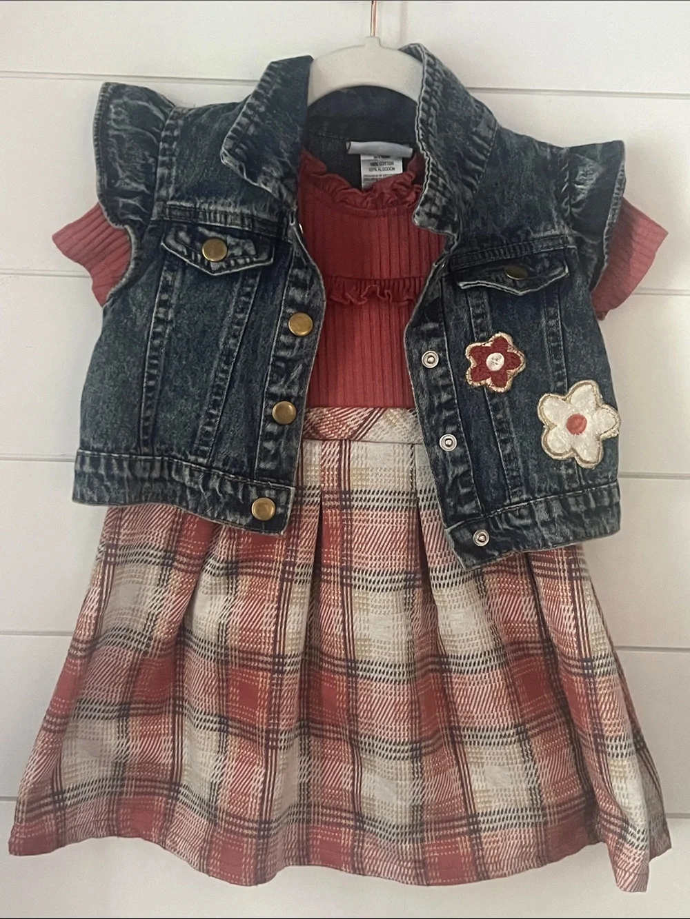 Girls' Dark Denim Vest & Rust Plaid Dress Set - Unbranded